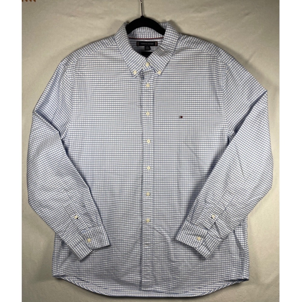 tommy hilfiger cotton gingham check button down long sleeve shirt mens XXL blue